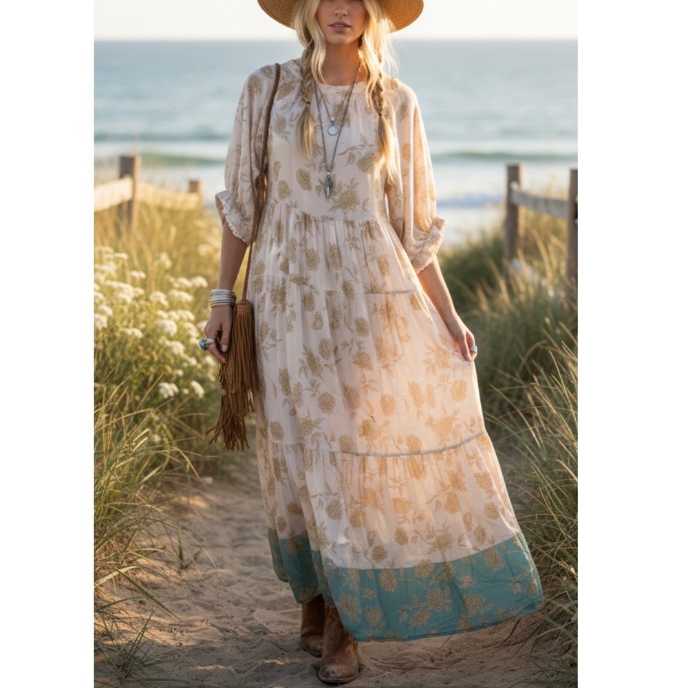 Boho Cream Maxi Dress with Teal Border